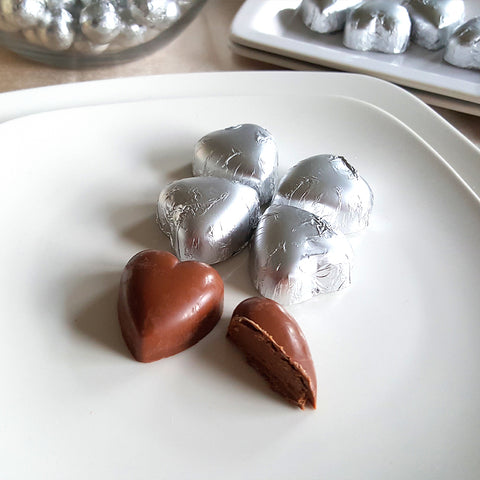 Silver Foiled Luxury Truffle Heart - Milk Chocolate with Praline Filling x 20